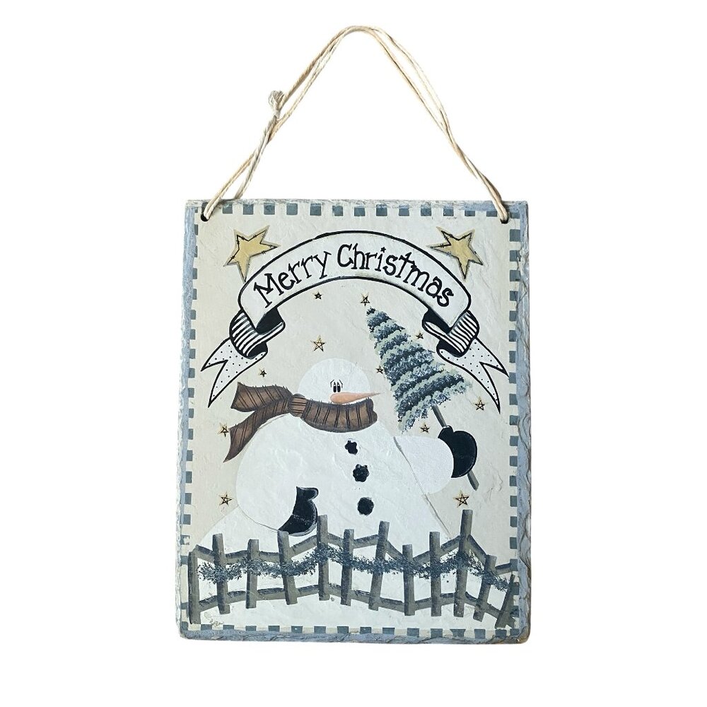 Merry Christmas outdoor slate with snowman Christmas tree and stars 10" x 7 3/4"